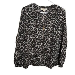Michael Kors Blouse Women's XS Cheetah V-Neck Long Sleeve Zipper Career Shirt